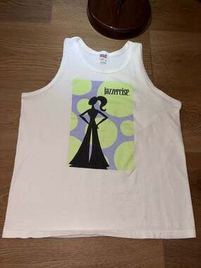 Vintage 1990s Jazzercise Graphic Tank Top White Medium Anvil Tag